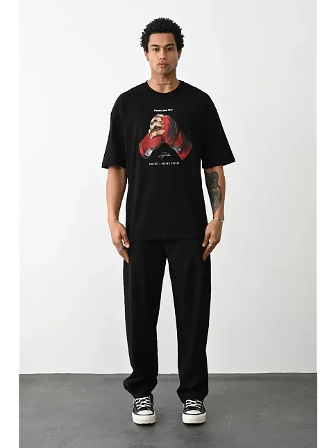 Erkek Boxy Eldiven Baskılı T-shirt Kısa Kol Bisiklet Yaka Tişört - Siyah