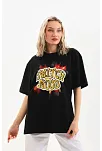 Kadın Kısa Kol Yazlık Tişört Bisiklet Yaka Ejderha Baskılı T-shirt - Siyah
