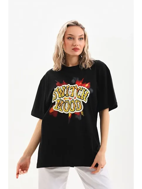 Kadın Kısa Kol Yazlık Tişört Bisiklet Yaka Ejderha Baskılı T-shirt - Siyah