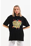 Kadın Kısa Kol Yazlık Tişört Bisiklet Yaka Ejderha Baskılı T-shirt - Siyah
