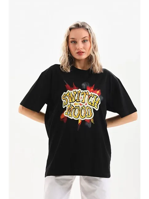 Kadın Kısa Kol Yazlık Tişört Bisiklet Yaka Ejderha Baskılı T-shirt - Siyah