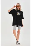 Kadın Baskılı T-shirt Kısa Kol Bisiklet Yaka Oversize Rahat Kalıp Günlük Tişört - Siyah