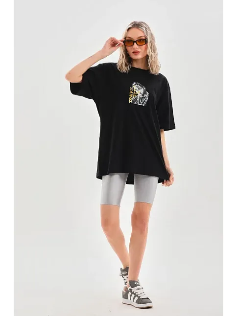 Kadın Baskılı T-shirt Kısa Kol Bisiklet Yaka Oversize Rahat Kalıp Günlük Tişört - Siyah