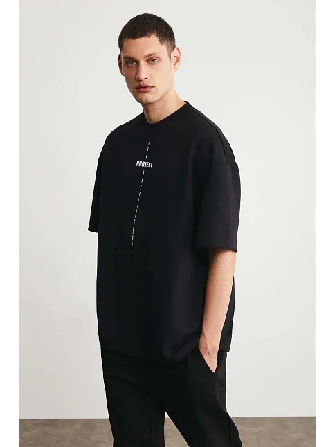 Erkek Baskılı T-shirt Kısa Kol Bisiklet Yaka Regular Fit Rahat Kalıp Tişört - Siyah