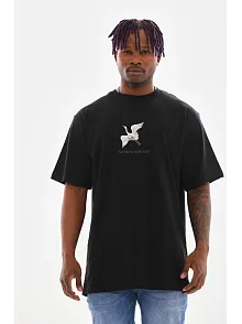 Erkek Baskılı T-shirt Yazlık Kısa Kol Bisiklet Yaka Tişört - Siyah