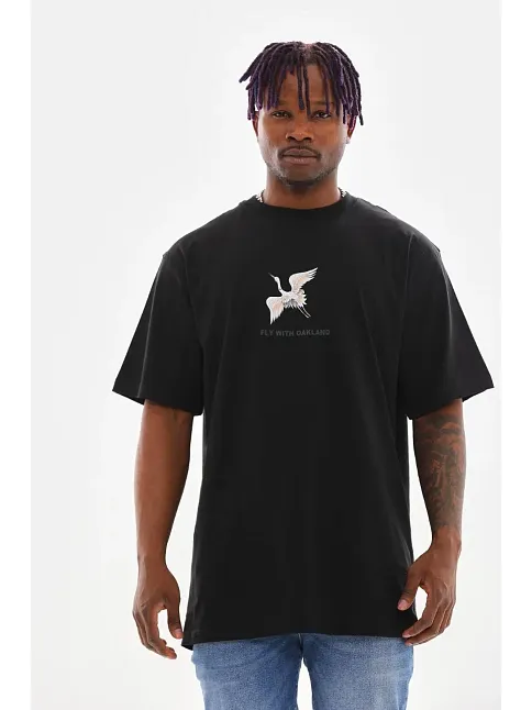 Erkek Baskılı T-shirt Yazlık Kısa Kol Bisiklet Yaka Tişört - Siyah