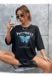 Kadın Kelebek Baskılı Oversize Kısa Kol T-shirt - Siyah