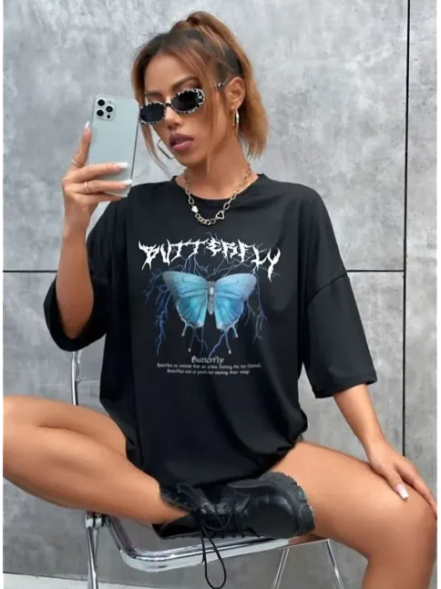 Kadın Kelebek Baskılı Oversize Kısa Kol T-shirt - Siyah