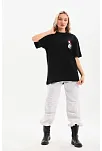 Kadın Kısa Kol Yazlık Tişört Bisiklet Yaka Baskılı Oversize T-shirt - Siyah
