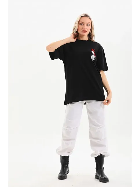 Kadın Kısa Kol Yazlık Tişört Bisiklet Yaka Baskılı Oversize T-shirt - Siyah