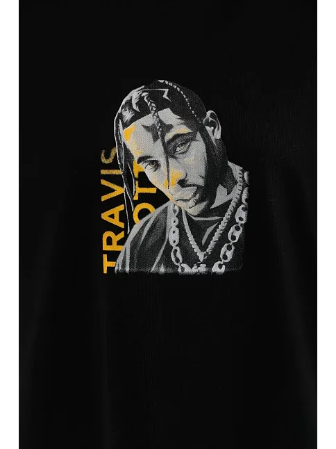 Kadın Baskılı T-shirt Kısa Kol Bisiklet Yaka Oversize Rahat Kalıp Günlük Tişört - Siyah