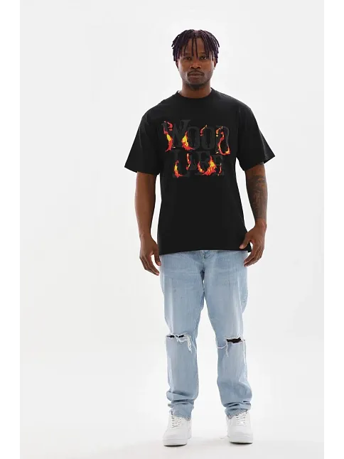 Erkek Baskılı T-shirt Kısa Kol Bisiklet Yaka Rahat Kalıp Tişört - Siyah