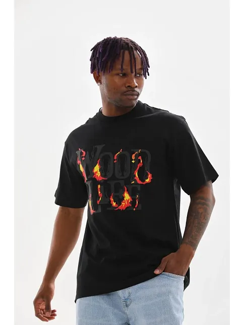 Erkek Baskılı T-shirt Kısa Kol Bisiklet Yaka Rahat Kalıp Tişört - Siyah