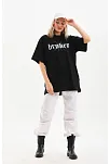 Kadın Kısa Kol Yazlık Tişört Bisiklet Yaka Baskılı Oversize T-shirt - Siyah