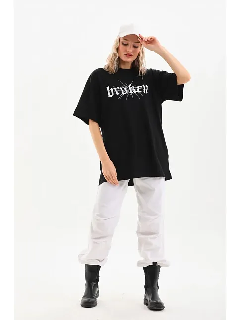 Kadın Kısa Kol Yazlık Tişört Bisiklet Yaka Baskılı Oversize T-shirt - Siyah