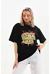 Kadın Kısa Kol Yazlık Tişört Bisiklet Yaka Ejderha Baskılı T-shirt - Siyah