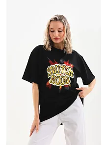 Kadın Kısa Kol Yazlık Tişört Bisiklet Yaka Ejderha Baskılı T-shirt - Siyah