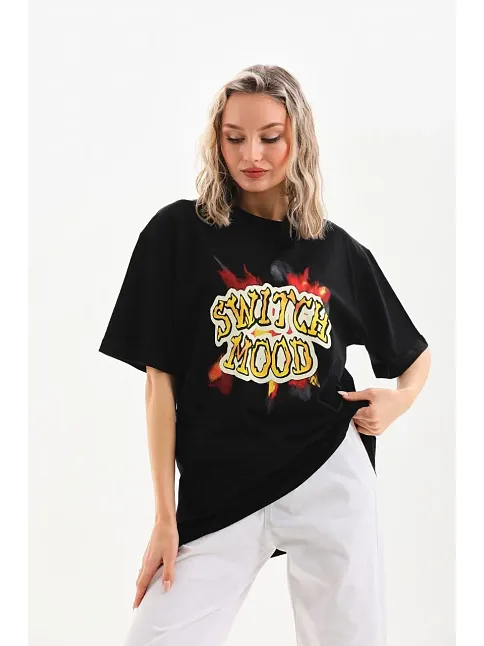 Kadın Kısa Kol Yazlık Tişört Bisiklet Yaka Ejderha Baskılı T-shirt - Siyah