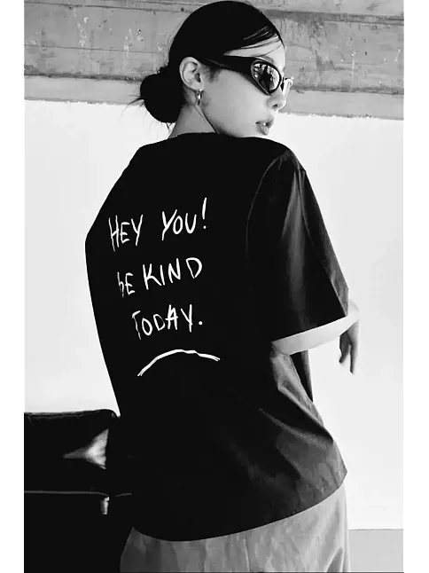 Kadın Baskılı T-shirt Kısa Kol Bisiklet Yaka Oversize Rahat Kalıp Tişört T-shirt - Siyah