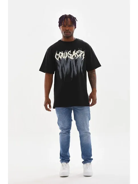 Erkek Baskılı T-shirt Kısa Kol Bisiklet Yaka Rahat Kalıp Tişört - Siyah