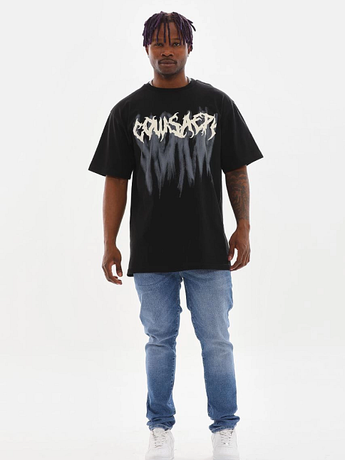 Erkek Baskılı T-shirt Kısa Kol Bisiklet Yaka Rahat Kalıp Tişört - Siyah
