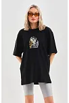 Kadın Baskılı T-shirt Kısa Kol Bisiklet Yaka Oversize Rahat Kalıp Günlük Tişört - Siyah