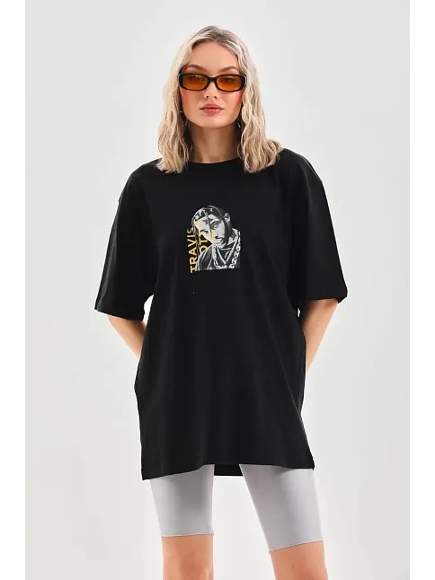 Kadın Baskılı T-shirt Kısa Kol Bisiklet Yaka Oversize Rahat Kalıp Günlük Tişört - Siyah