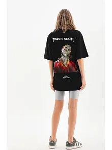 Kadın Baskılı T-shirt Kısa Kol Bisiklet Yaka Oversize Rahat Kalıp Günlük Tişört - Siyah