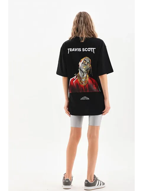 Kadın Baskılı T-shirt Kısa Kol Bisiklet Yaka Oversize Rahat Kalıp Günlük Tişört - Siyah
