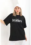 Kadın Kısa Kol Yazlık Tişört Bisiklet Yaka Baskılı Oversize T-shirt - Siyah