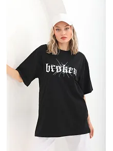Kadın Kısa Kol Yazlık Tişört Bisiklet Yaka Baskılı Oversize T-shirt - Siyah