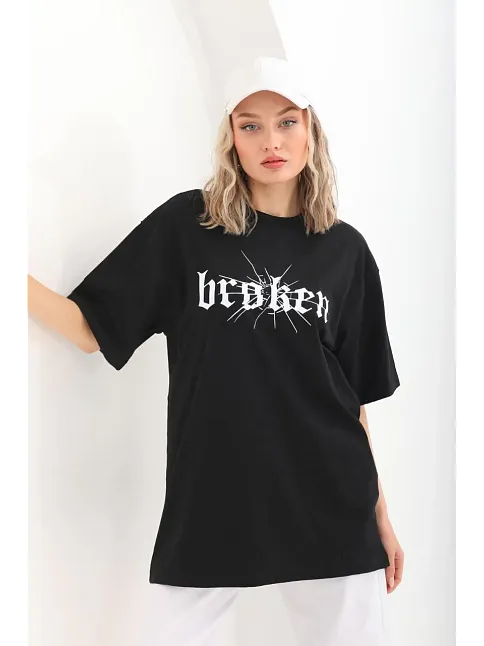 Kadın Kısa Kol Yazlık Tişört Bisiklet Yaka Baskılı Oversize T-shirt - Siyah