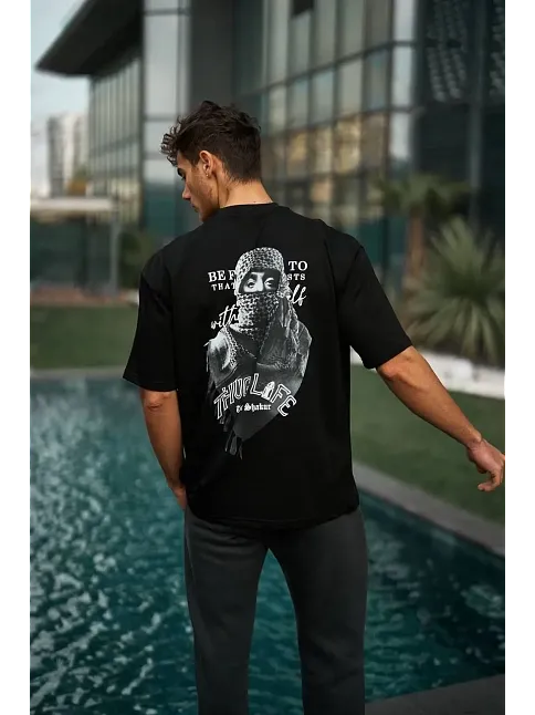 Erkek Kısa Kol Tişört Bisiklet Yaka Filistin Poşulu Baskılı T-shirt - Siyah
