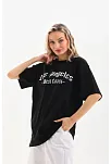 Kadın Baskılı Tişört Kısa Kol Bisiklet Yaka Oversize T-shirt - Siyah