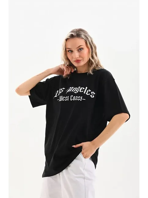 Kadın Baskılı Tişört Kısa Kol Bisiklet Yaka Oversize T-shirt - Siyah