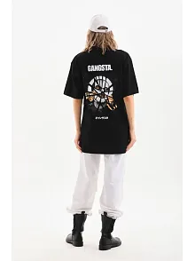 Kadın Kısa Kol Yazlık Tişört Bisiklet Yaka Baskılı Oversize T-shirt - Siyah