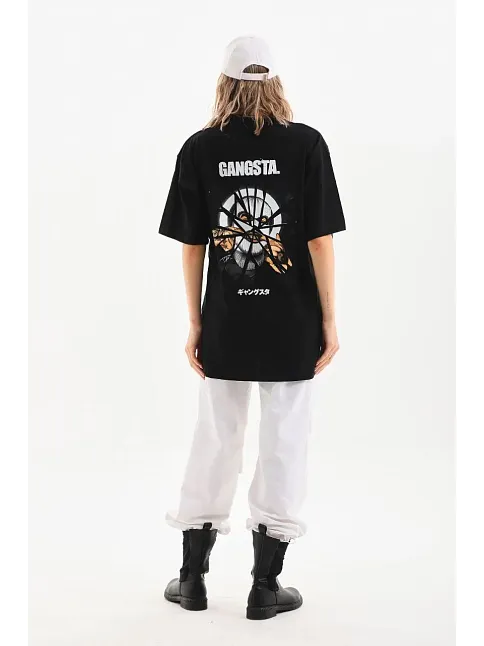 Kadın Kısa Kol Yazlık Tişört Bisiklet Yaka Baskılı Oversize T-shirt - Siyah