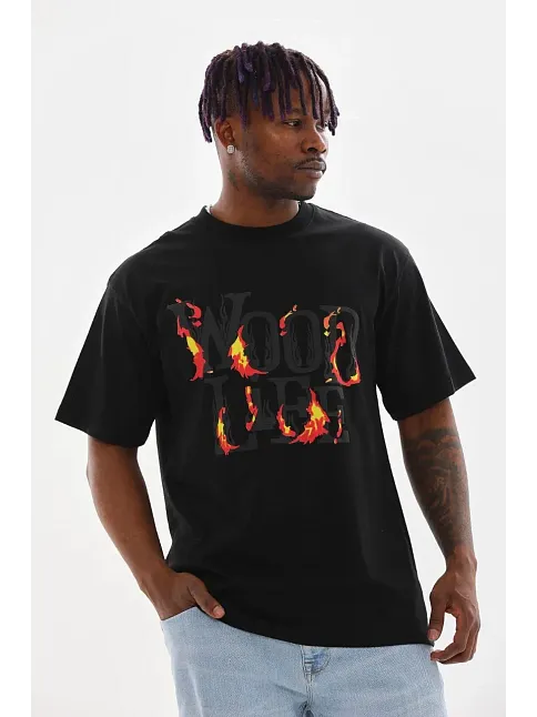 Erkek Baskılı T-shirt Kısa Kol Bisiklet Yaka Rahat Kalıp Tişört - Siyah