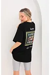 Kadın Kısa Kol Yazlık Tişört Bisiklet Yaka Baskılı Oversize T-shirt - Siyah
