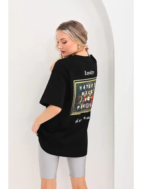 Kadın Kısa Kol Yazlık Tişört Bisiklet Yaka Baskılı Oversize T-shirt - Siyah