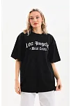 Kadın Baskılı Tişört Kısa Kol Bisiklet Yaka Oversize T-shirt - Siyah