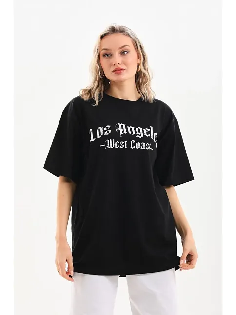 Kadın Baskılı Tişört Kısa Kol Bisiklet Yaka Oversize T-shirt - Siyah