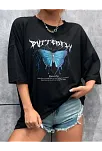Kadın Kelebek Baskılı Oversize Kısa Kol T-shirt - Siyah
