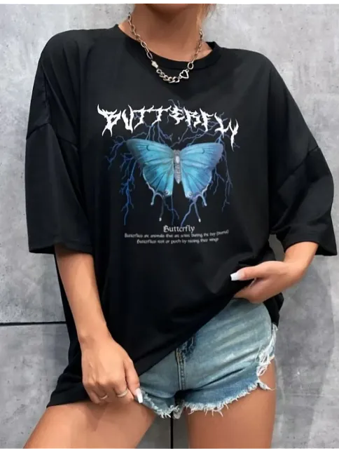 Kadın Kelebek Baskılı Oversize Kısa Kol T-shirt - Siyah
