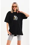 Kadın Baskılı T-shirt Kısa Kol Bisiklet Yaka Oversize Rahat Kalıp Günlük Tişört - Siyah
