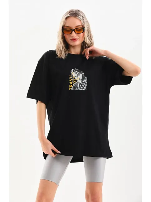 Kadın Baskılı T-shirt Kısa Kol Bisiklet Yaka Oversize Rahat Kalıp Günlük Tişört - Siyah