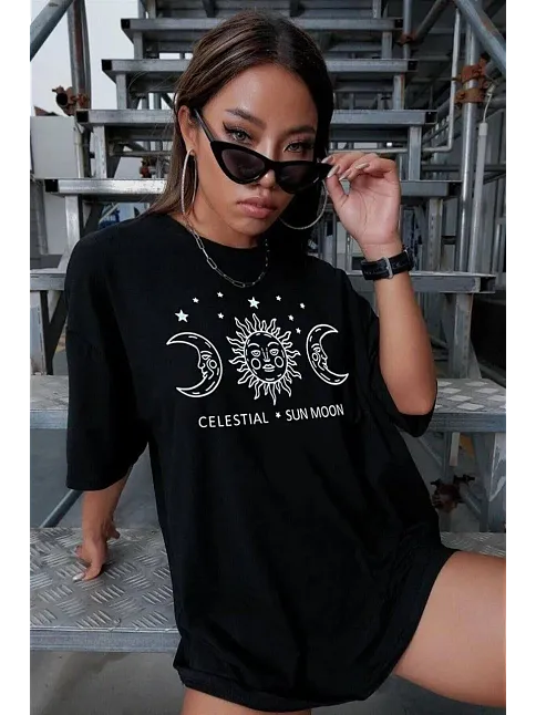 Kadın Baskılı T-shirt Kısa Kol Bisiklet Yaka Oversize Rahat Kalıp Tişört - Siyah