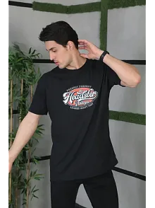 Erkek Baskılı T-shirt Kısa Kol Bisiklet Yaka Regular Fit Rahat Kalıp Günlük Tişört - Siyah