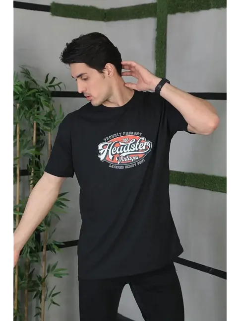 Erkek Baskılı T-shirt Kısa Kol Bisiklet Yaka Regular Fit Rahat Kalıp Günlük Tişört - Siyah