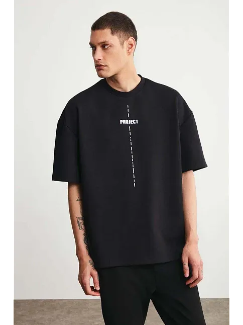 Erkek Baskılı T-shirt Kısa Kol Bisiklet Yaka Regular Fit Rahat Kalıp Tişört - Siyah